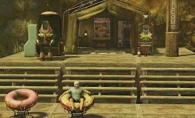 Summer camp tent on a raised wooden platform. There is a dock on the water below with three donut floaty chairs with one masked character lounging on one.