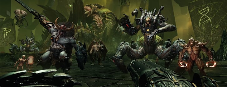 Image of DOOM: The Dark Ages from the Ripatorium with an army of demons stranding in front of the DOOM Slayer.