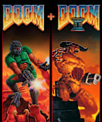 DOOM + DOOM II box art, showing the DOOM Marine defending himself against a horde of enemies, and a Baron of Hell ready to fight