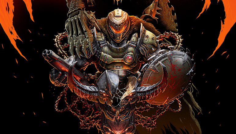 Art poster by artists Luke Preece and Billelis featuring the DOOM Slayer, Serrat and a defeated Lost Soul.
