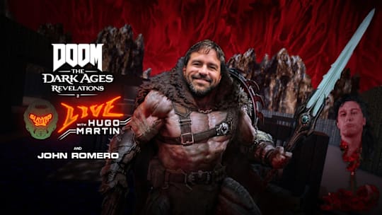 Hugo Martin dressed as the DOOM Slayer from DOOM: The Dark Ages | Revelations and John Romero's head from DOOM II