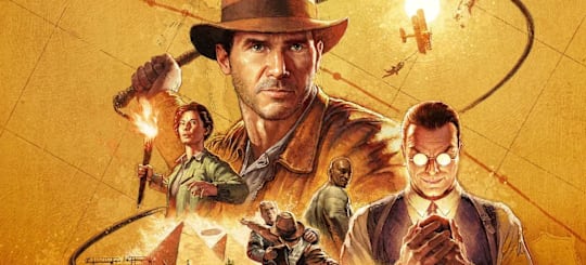 Indiana Jones and the Great Circle key art, showing a collage featuring Indiana Jones, Gina Lombardi, Emmerich Voss, and Locus