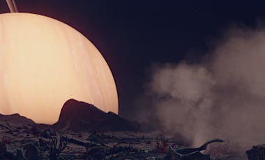 A bright planet with rings looms in the background