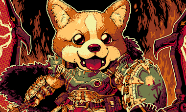 A rendition of the DOOM Slayer as a corgi smiles at the viewer.