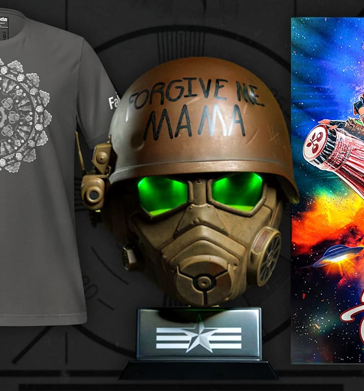A selection of officially licensed Fallout merchandise including a Nuka Cherry metal sign and Desert Ranger replica helmet.