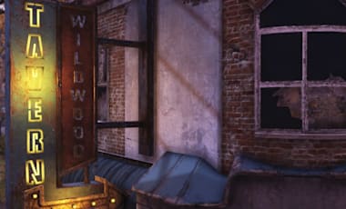 A screenshot of a wooden tavern with a neon tavern sign