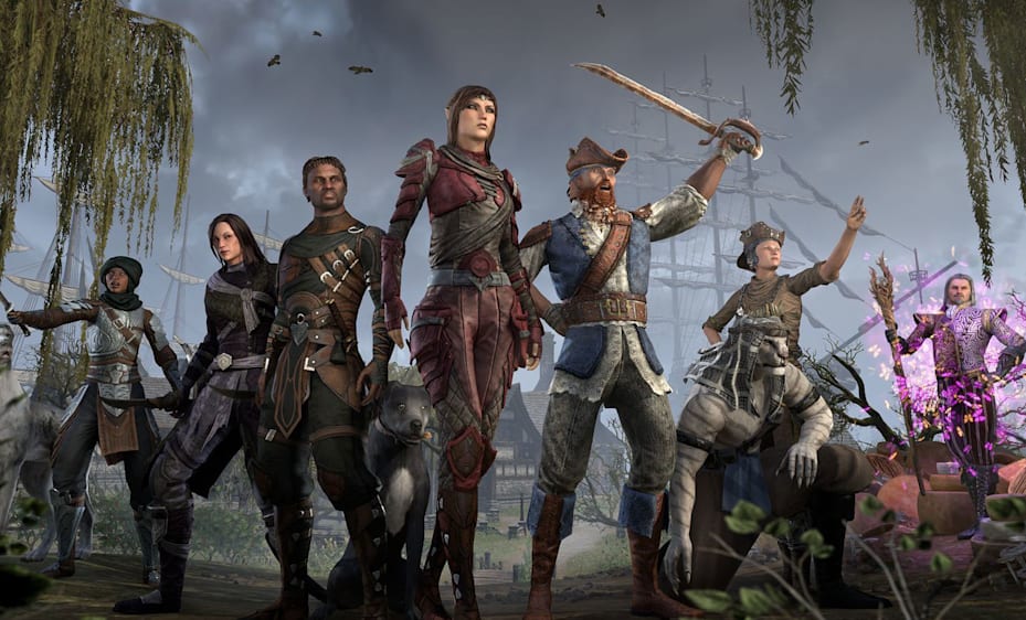 A line of The Elder Scrolls Online players stands in front of a shipyard