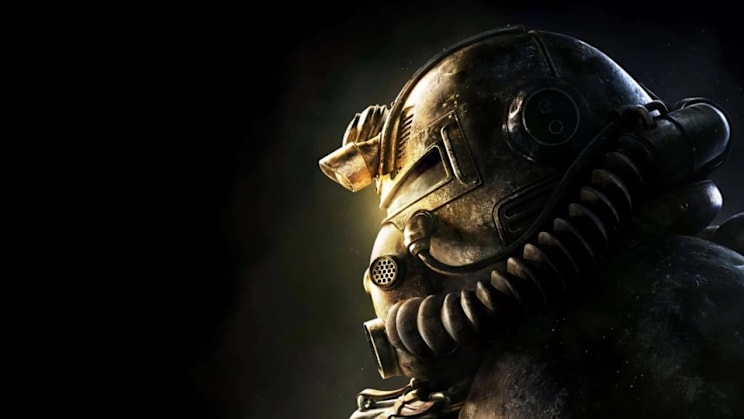 A side profile of a Power Armor helmet over a black background
