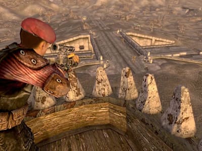Fallout New Vegas screenshot of a player standing in Dinky the T-Rex's mouth, aiming a sniper rifle