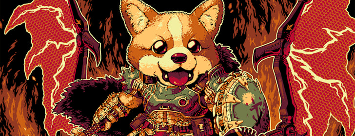 A rendition of the DOOM Slayer as a corgi smiles at the viewer.