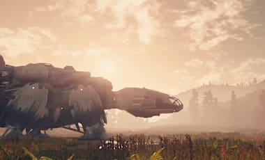 The frontier ship in Starfield docked on a planet full of greenery and mountains. The sun is setting behind it.