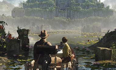 Indiana Jones and Gina ride a boat through the jungle towards a temple in Sukhothai that's overgrown with vegetation.