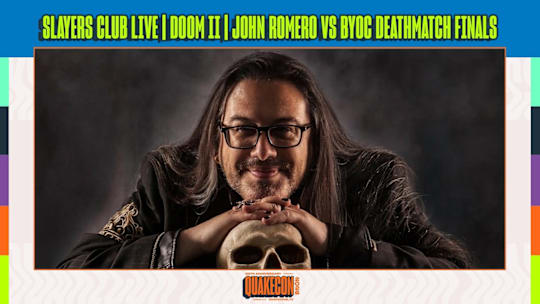 id Software co-founder John Romero leans on a skull