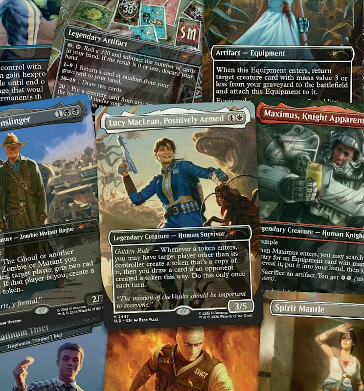 Multiple Fallout-inspired Magic: The Gathering cards are featured in a single large pile.