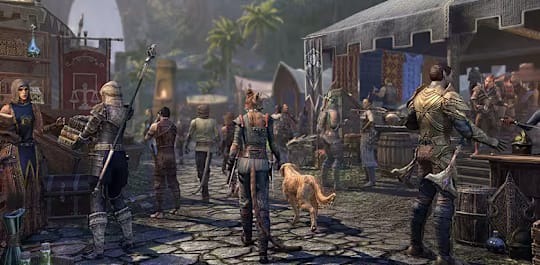 A character walks through a bustling town.