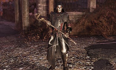 A character in Fallout 76 wearing a dark-colored Grim Reaper-inspired outfit, complete with a mask and hooded cloak.