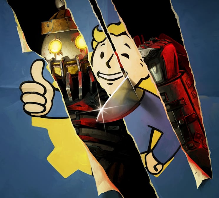A banner of Vault Boy giving a thumbs up is sliced through, revealing The Slasher