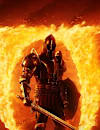 A knight stands in front of the burning Oblivion logo