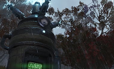 Metal cylindrical machine with lightning sparks on top. It's raining and you can see lightning in the sky above the machine.