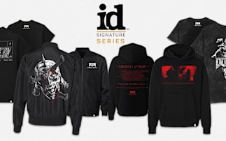 A row of hoodies and t-shirts from Wave1 of the id Signature Series, featuring designs from DOOM: The Dark Ages.