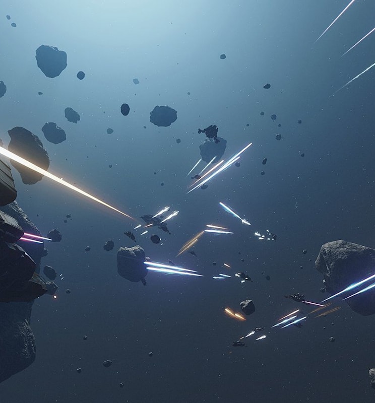 Epic Starfield space battle in an asteroid field