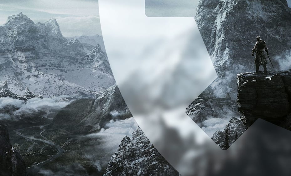 The Dovahkiin is shown in a mountain landscape with the Bethesda Game Studios gear symbol overlaid on top.