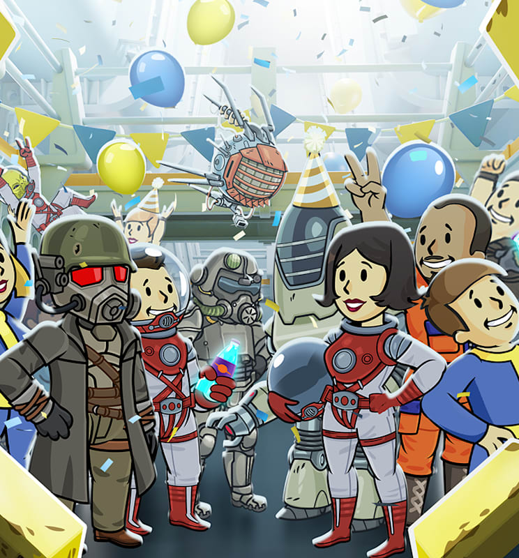 Vault boy standing outside of a vault party.