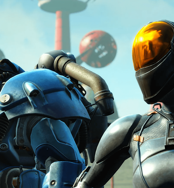 A character in blue painted Power Armor stands next to another character in a stealth suit.