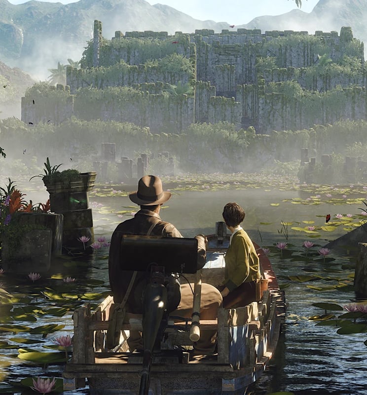 Indiana Jones and Gina ride a boat through the jungle towards a temple in Sukhothai that's overgrown with vegetation.