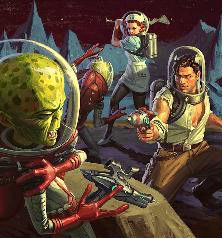 Artwork of Rip Daring battling aliens in space.