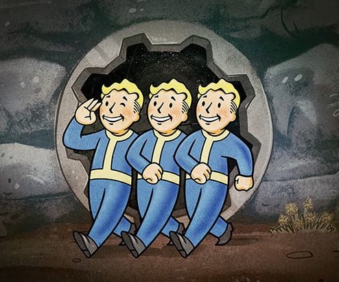Three vault boys walking side by side outside of a vault