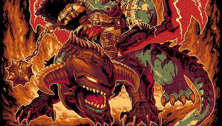 Full artwork of the DOOM Slayer as a corgi riding Serrat the Mecha Dragon.