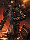 A fodder demon charges at the DOOM Slayer in a fiery combat scene.