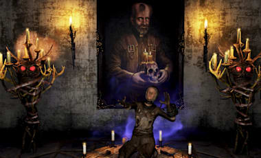 A screenshot in Fallout 76. A character is kneeling at an alter in the middle of a spooky dark room. There's a large framed painting of a bearded man behind them on the wall, with candles lit along the wall.