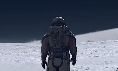 A person in a spacesuit walks towards a planet looming in the background.