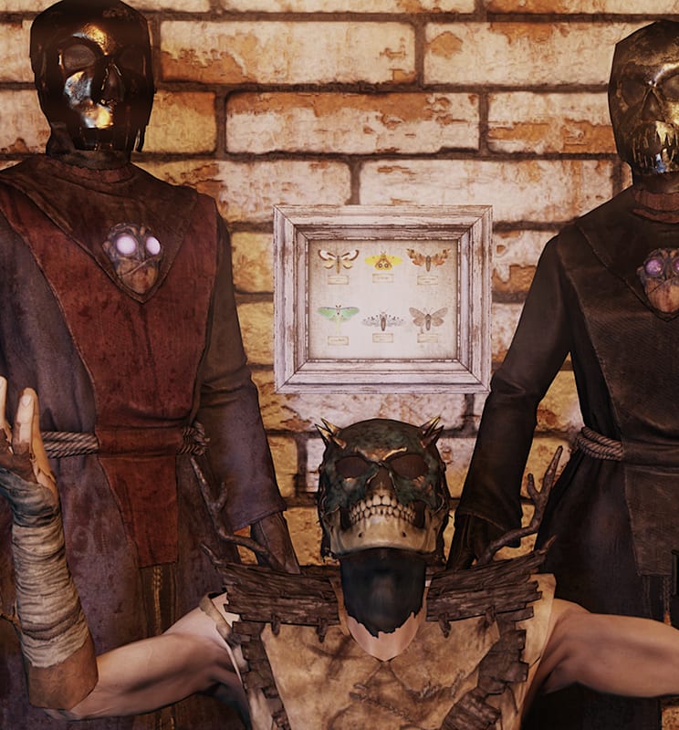 A man wearing a skull mask praising the Mothman.
