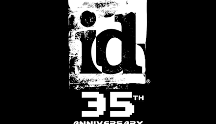 A white id Software logo on a black background with "35th Anniversary" written underneath.