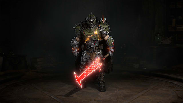 A screenshot of the DOOM Slayer Armor worn by a Diablo IV character