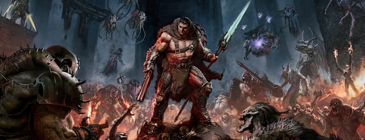 Keyart for DOOM: The Dark Ages | Revelations featuring the Slayer with Chain Spear.