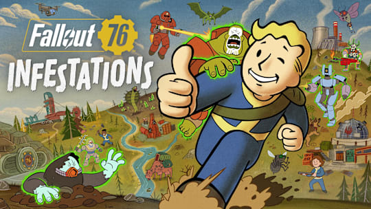 Vault Boy runs through the wasteland, pursued by different enemies