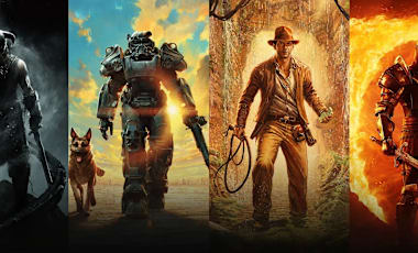 Characters from The Elder Scrolls V: Skyrim Anniversary Edition, Fallout 4 Anniversary Edition, Indiana Jones and the Great Circle, and The Elder Scrolls IV: Oblivion Remastered stand in a row.