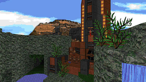 An orange industrial spire sits near a river grotto.