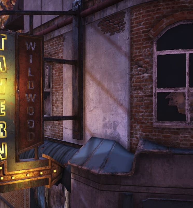 A screenshot of a wooden tavern with a neon tavern sign