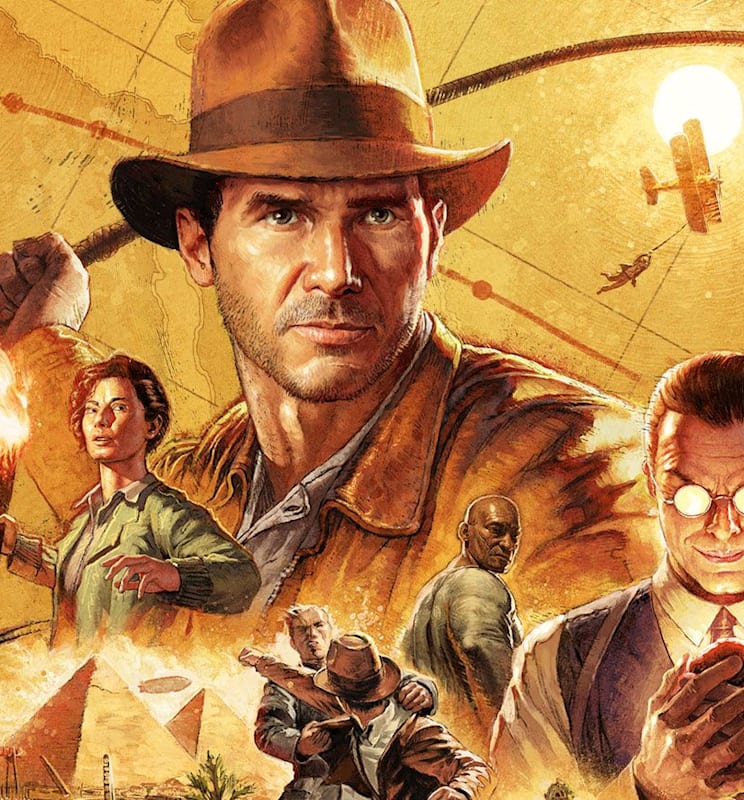 Key art for Indiana Jones and the Great Circle, showing Indiana Jones, Gina, Voss, and Locus over the backdrop of a map. There are also scenes depicting Indy punching an enemy with the pyramids of Gizeh in the background, and Indy dangling from a plane.