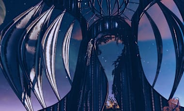 Close up of an alien structure with a colorful night sky in the background.