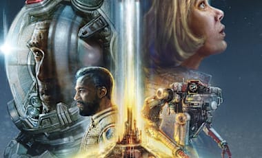 The characters of Starfield around a beacon of light in space.