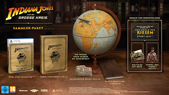 Werbebilder des Sammler-Pakets, die die Allschöpfer-Relikt-Replik, den „Der Große Kreis“-Globus,
das Neues-Abenteuer-Tagebuch, die Jumbo-SteelBook-Hülle, den DLC „Der Orden der Riesen“, das digitale Artbook, das „Tempel des Todes“-Outfit und den Vorbesteller-Bonus, das „Der letzte Kreuzzug“-Paket, zeigen.