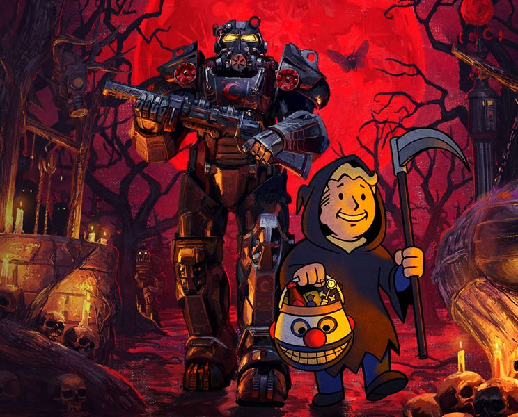 Vault Boy trick-or-treating under a blood moon