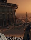 A space explorer looks over a planetary horizon with a station constructed nearby.