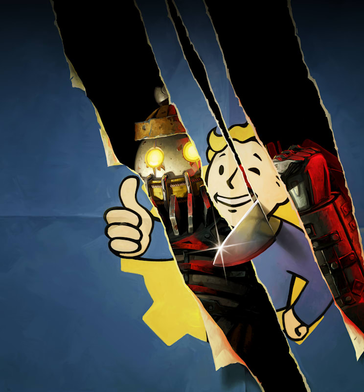 An Image of Vault Boy being SLASHED through by someone in a terrifying Power Armor Suit